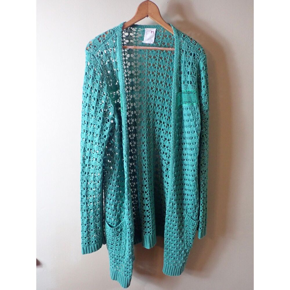 Far Away From Close Green Crochet Knit Long Cardigan Sweater Womens Large Boho